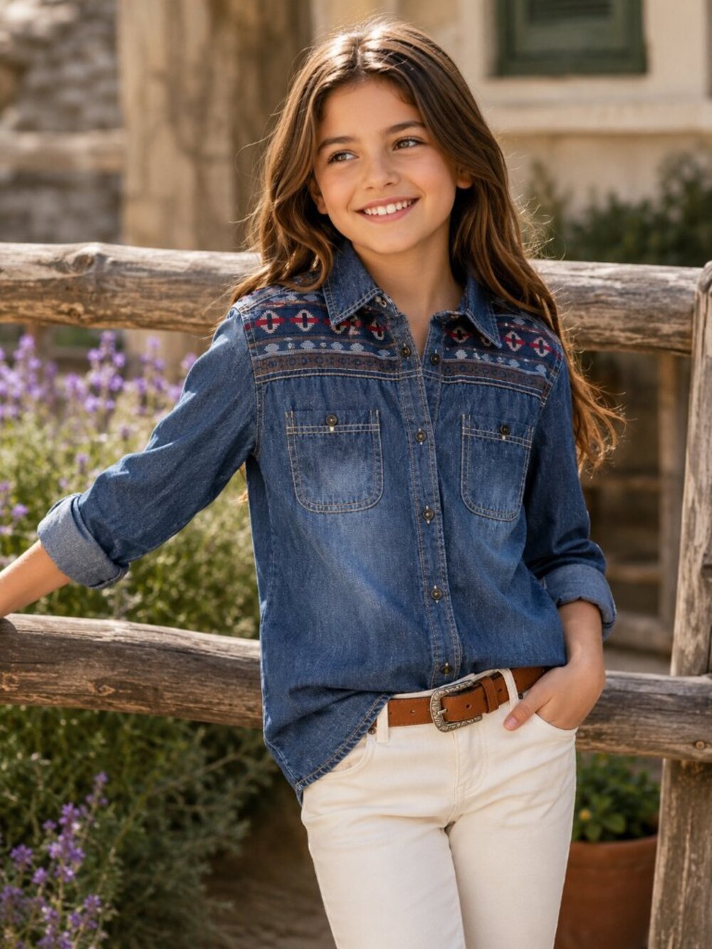 Esprit Girls Embroidered Denim Button Front Shirt | Western Boho Top | Youth Den